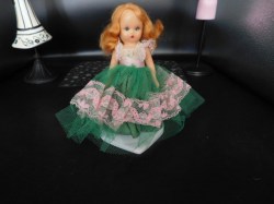 5.5" Nancy Ann Storybook Strawberry Blonde Sleep Eye Doll, Green Net Skirt, Lace Trim